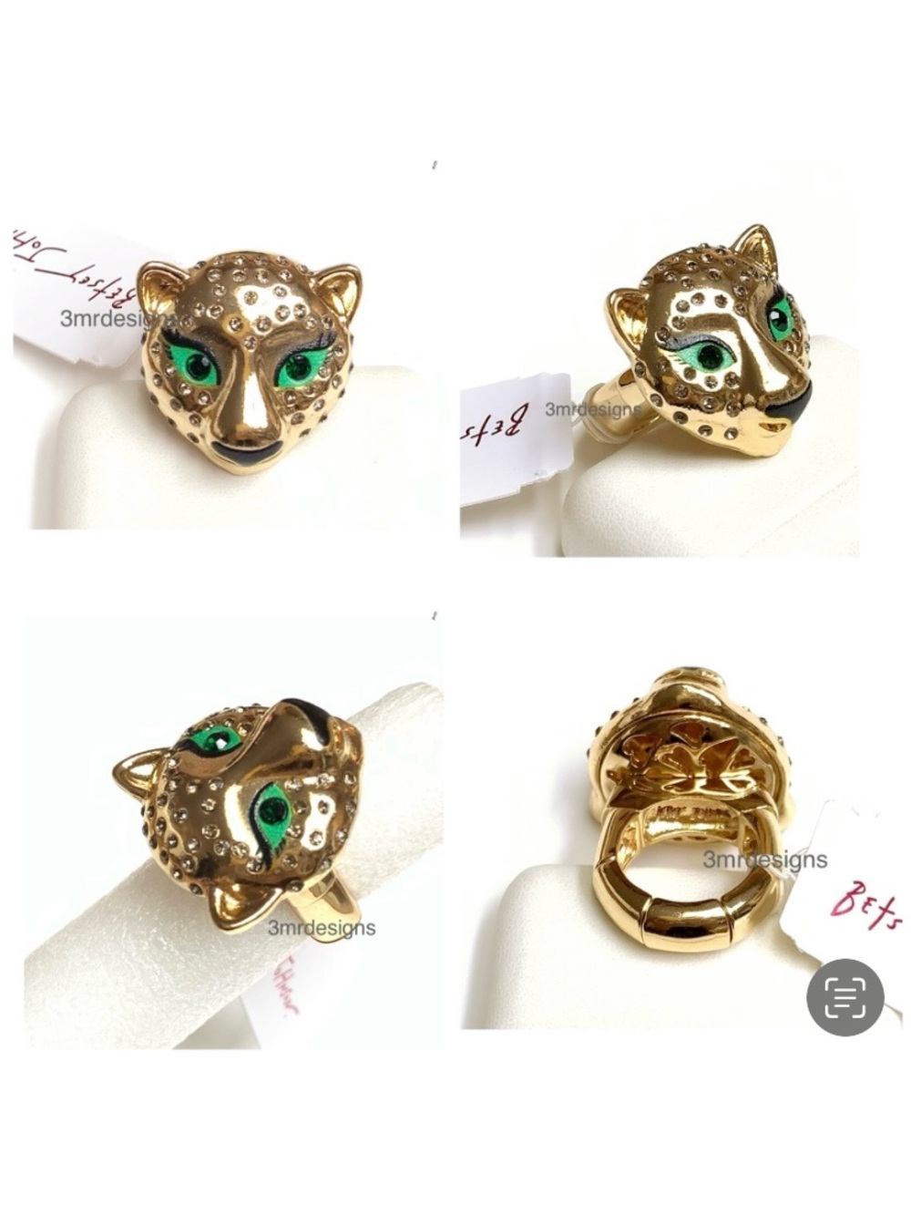 NWT Betsey Johnson 💋LEOPARD HEAD/ BIG CAT Gold Tone Glass Crystals Stretch Ring